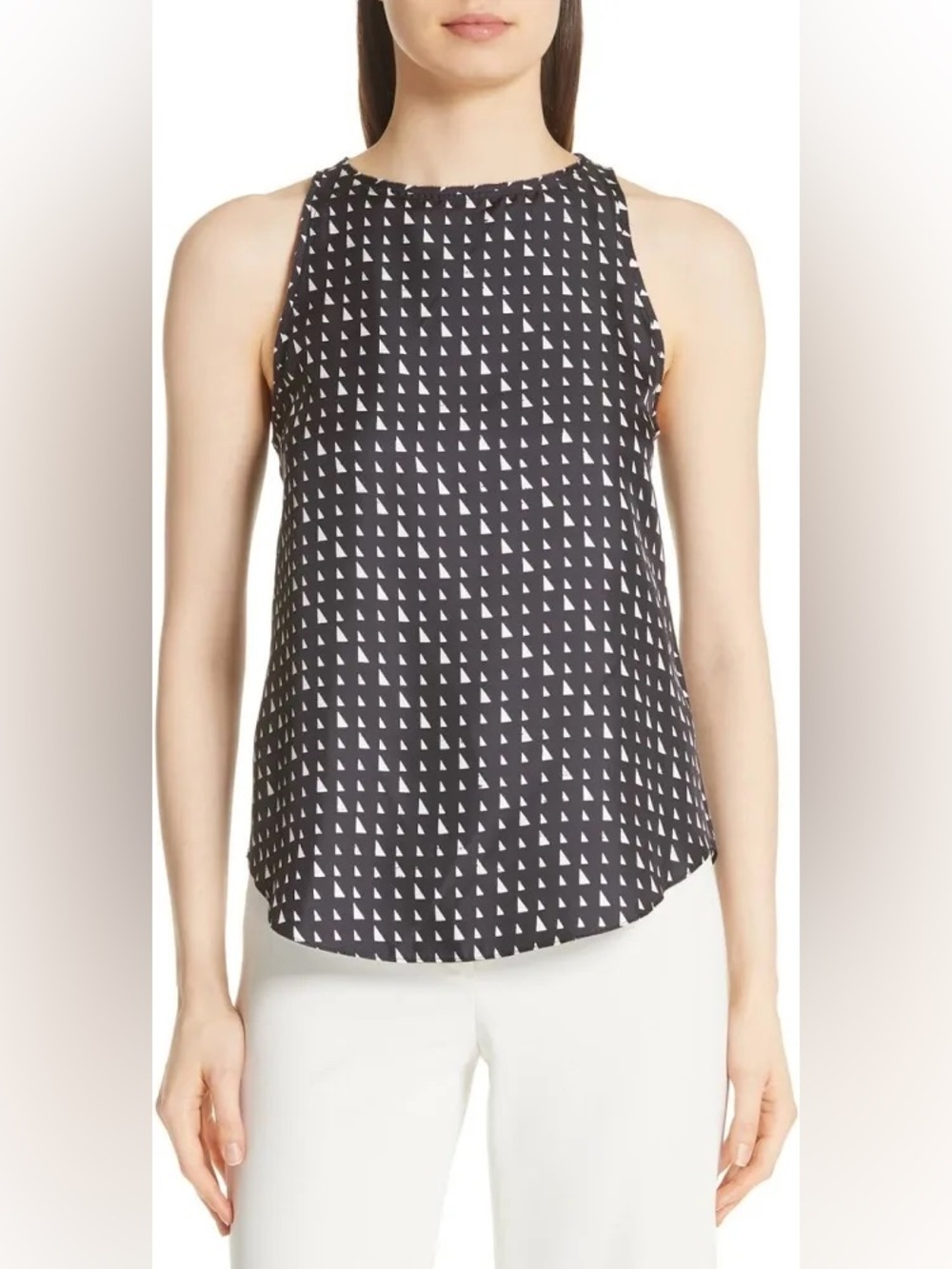 Theory Silk Tank Top Black Geometric Triangle Print Racerback Blouse Size M